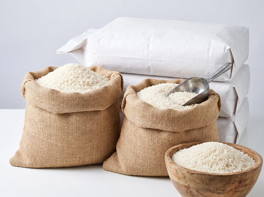 Bulk basmati rice in open jute sacks with a scoop