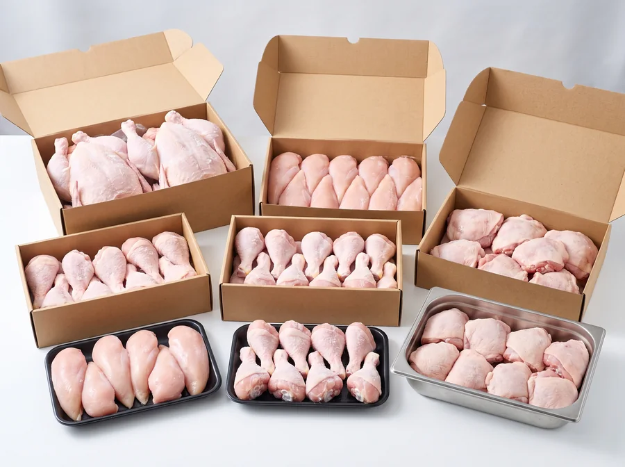 Bulk frozen chicken — whole birds, breast fillets and drumsticks in cartons