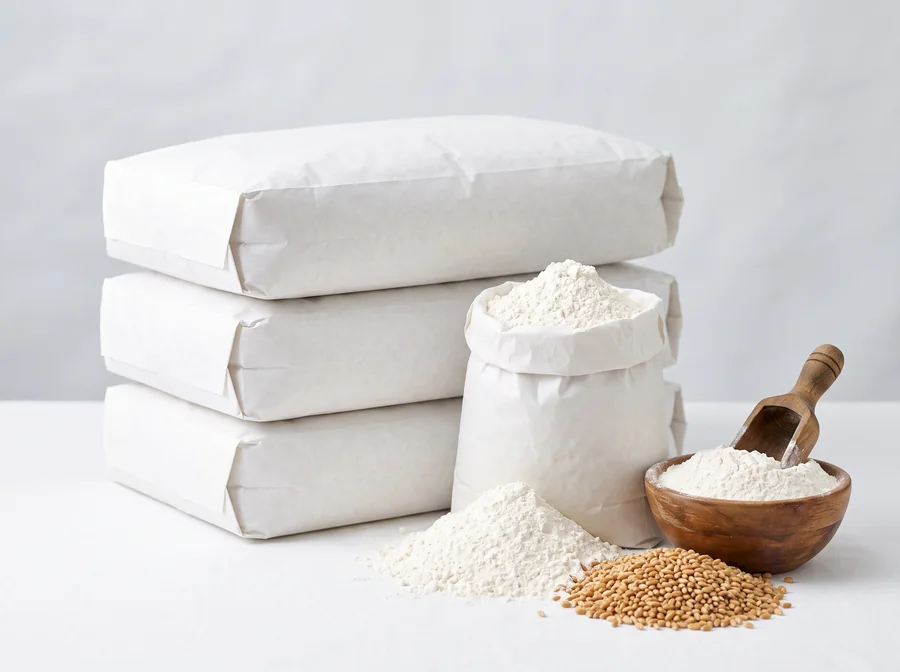 Bulk wheat flour in paper sacks with a bowl of flour