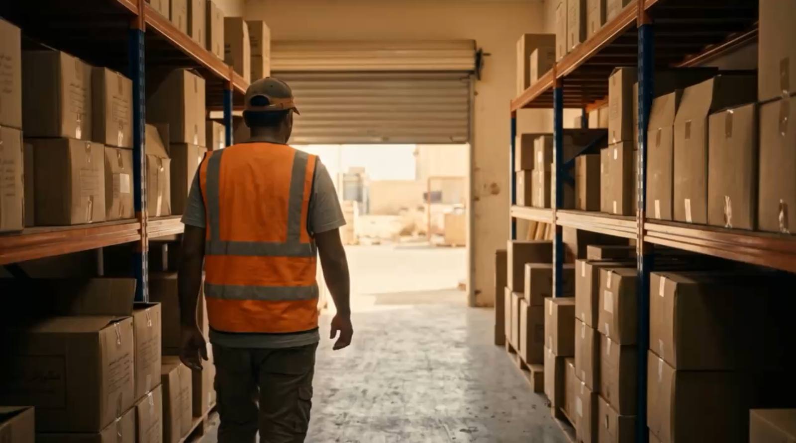 Trivana warehouse in Dubai Investments Park: a warehouse worker in a high-visibility vest walking between racked shelves of boxed stock