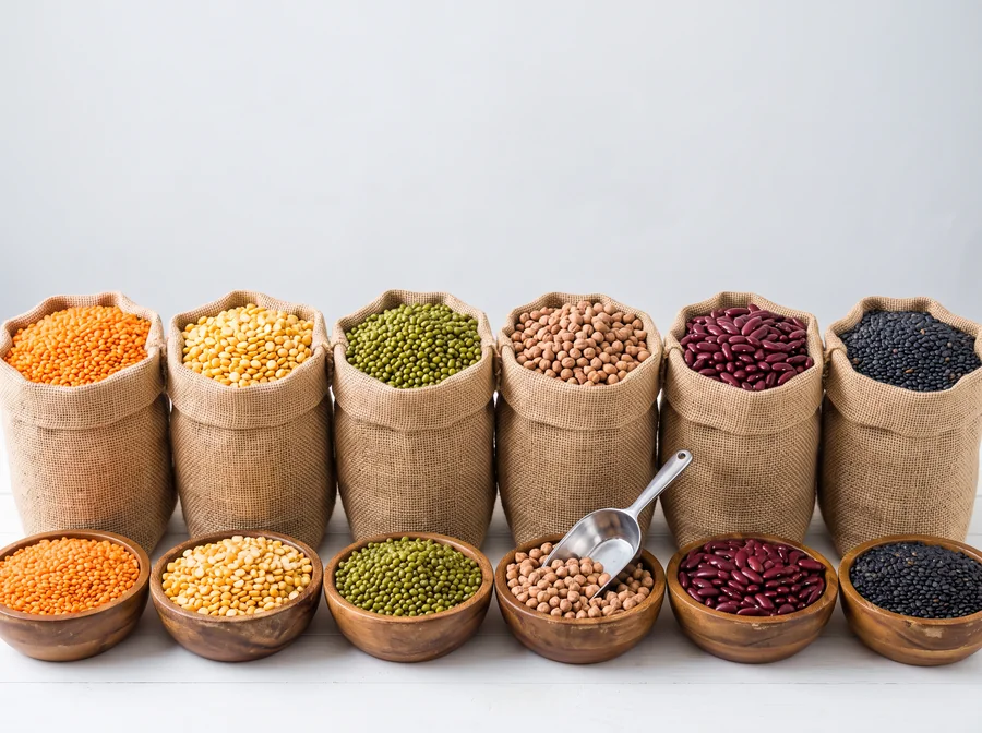 Bulk pulses and grains — lentils, chickpeas, beans and split peas in sacks