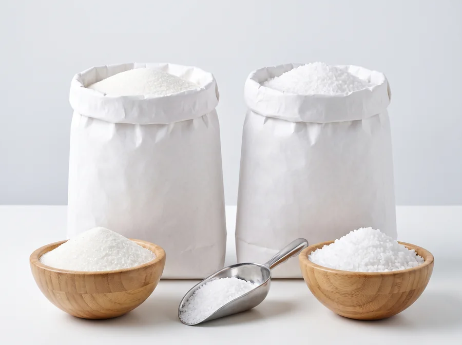 Bulk sugar and iodised salt in paper sacks with bowls