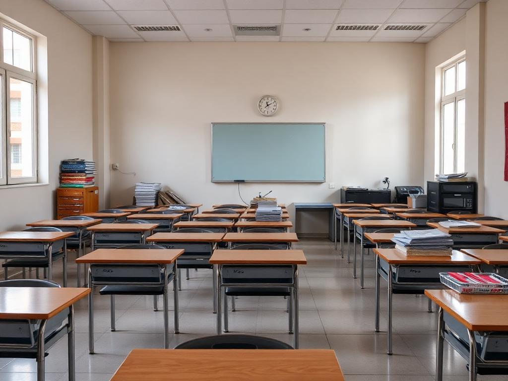 Empty classroom with desks and stacks of stationery supplies