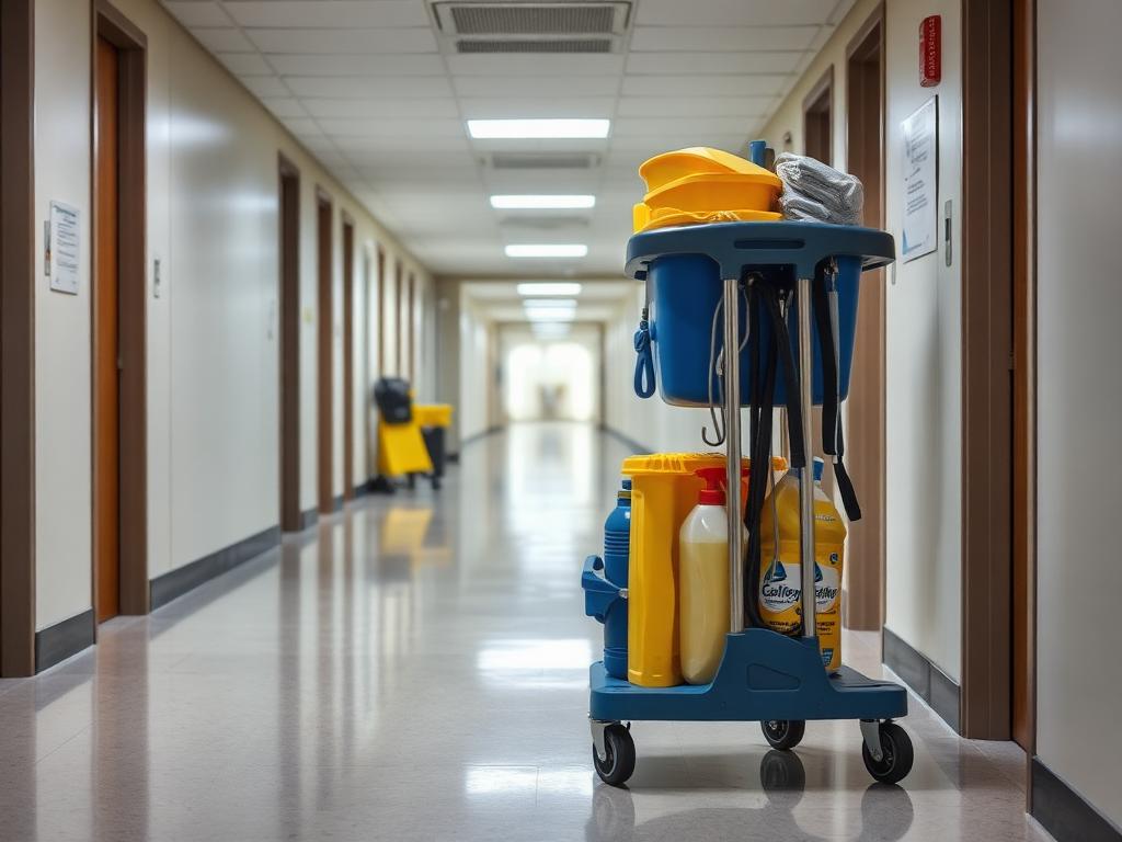 Janitorial cleaning trolley with chemicals in an office corridor