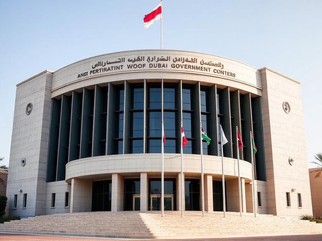 Government administrative building in Dubai with flags at the entrance
