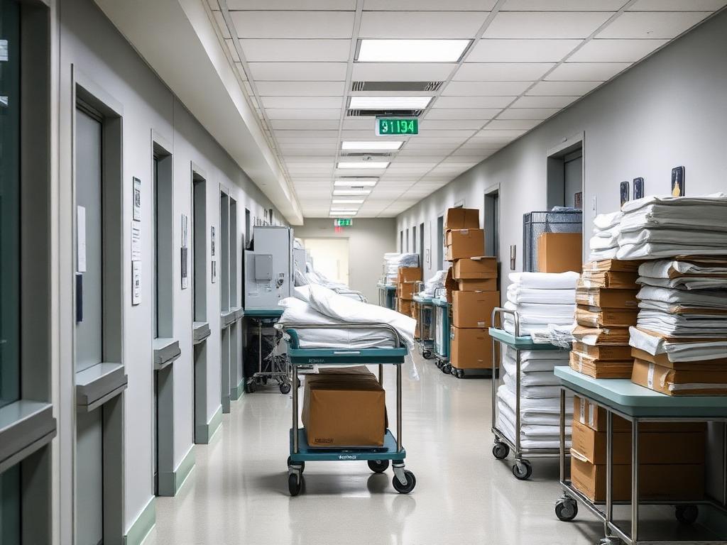 Hospital supply corridor with linen carts and stacked cartons